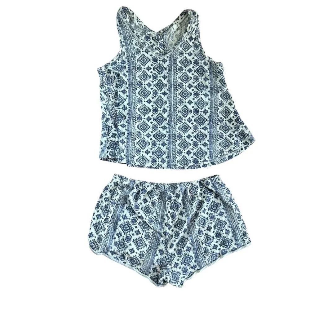 Lucky Brand Pajama Loungewear Top Shorts Women’s M Blue Aztec Print 2 Piece Knit